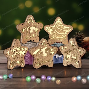 Lampada da tavolo natalizia con stelle in formato svg file di taglio laser Glowforge Lampada da tavolo natalizia con stelle in formato svg cricut Lanterna di Natale dxf cnc vettore