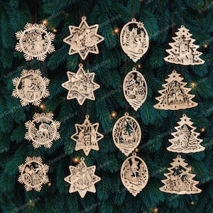 Può includere: Set di 16 decorazioni natalizie in legno tagliate al laser che presentano varie scene invernali, tra cui pupazzi di neve, renne e case. Le decorazioni sono progettate in modo intricato con dettagli delicati e sono pronte per essere dipinte o lasciate al naturale.
