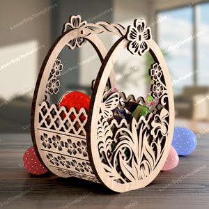 Modèle svg de panier d'oeufs de Pâques découpé au laser Glowforge, fichier laser décoratif de panier d'oeufs de Pâques de Pâques, modèle dxf de panier porte-oeufs de Pâques de lapin