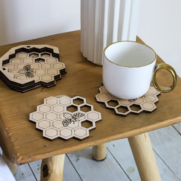 Laser cut honeycomb coasters with holder svg file Glowforge coasters set of 4 cnc vector Coasters set laser template engrave dxf pattern