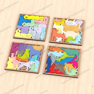 Puzzle educativo per bambini con animali in formato svg, file di taglio laser Glowforge, puzzle montessori per bambini, piano di taglio dxf, CNC, vettore, laser, download digitale