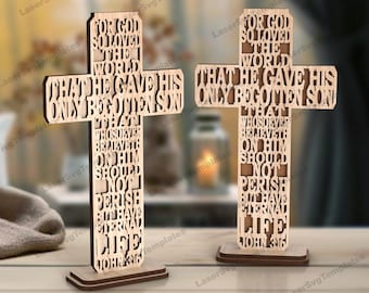 2 Standing Wooden Cross SVG Laser Cut Scripture John Easter Decor