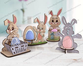 Easter bunny egg holder 4 bundle laser cut svg file Glowforge bunny egg stand svg Easter egg holder dxf cnc vector template Bunny laser cut