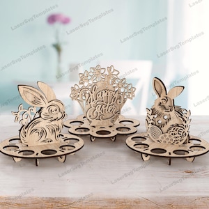 Ensemble de 3 porte-oeufs lapin de Pâques découpé au laser fichier svg Glowforge porte-oeufs stand bundle svg cricut porte-oeufs de Pâques dxf cnc modèle vectoriel