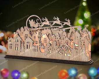 Christmas Village Scene SVG Laser Cut Standing Reindeer Santa Sleigh Decoration