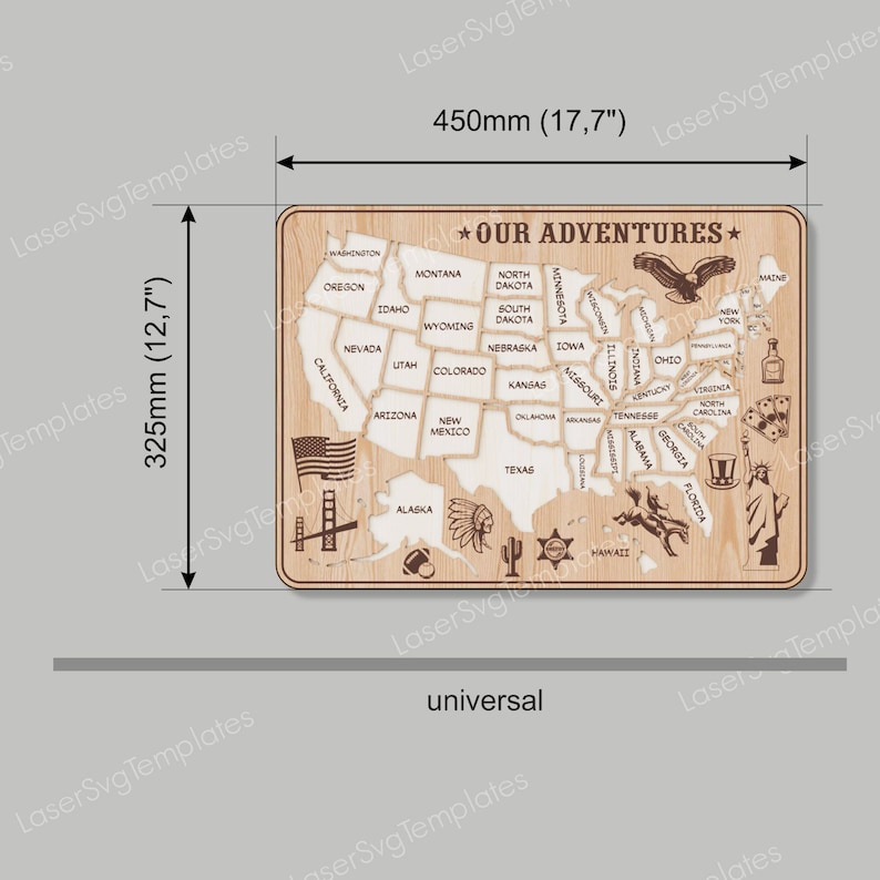 May include: A wooden map of the United States with each state outlined and labeled. The map is 17.7 inches wide and 12.7 inches tall. The map is decorated with small icons representing each state, such as a cowboy hat for Texas and a palm tree for Florida. The text "*OUR ADVENTURES*" is at the top of the map.
