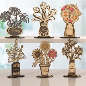 Vaso decorativo in legno con fiori, decorazione da tavolo, file svg Glowforge, mandala multistrato, vaso decorativo, fiore, festa della mamma, dxf, vettore, cnc