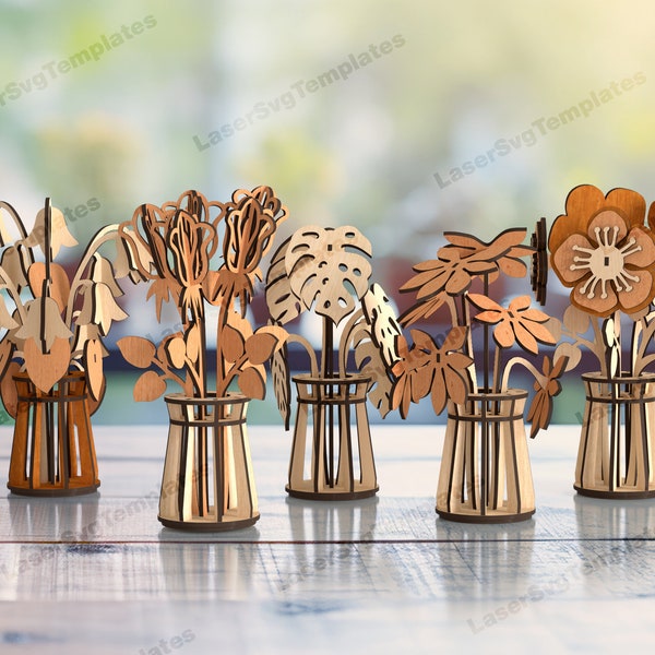 Modèle svg de décoration de table vase de fleurs 3D découpé au laser Glowforge en bois pot de fleurs 3D dxf plan vectoriel fleurs décoratives bouquet vase fichier svg