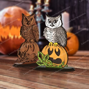 Archivo svg cortado con láser para decoración de mesa de calabaza y búho de Halloween Paquete de decoración de mesa de calabaza y búho de Glowforge dxf Plantilla vectorial cortada con láser de calabaza