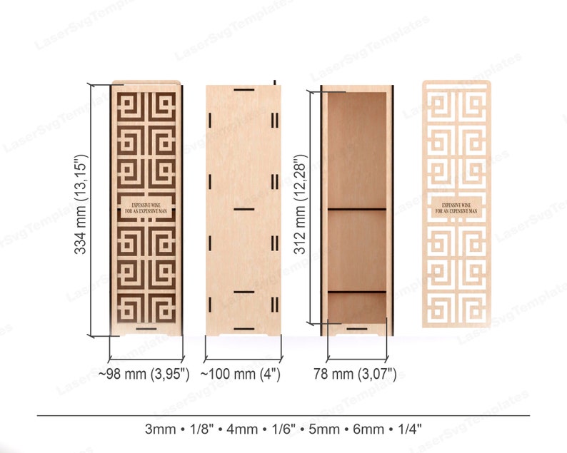 Drewniana butelka wina prezent pudełko pakiet laserowo wycinane plik SVG Glowforge butelka pudełko upominkowe uchwyt SVG Cricut Pudełko wzór DXF szablon wektor cnc zdjęcie 2