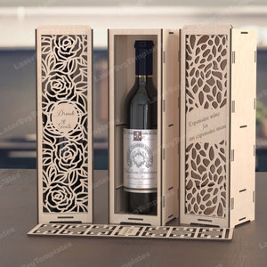 Drewniana butelka wina prezent pudełko pakiet laserowo wycinane plik SVG Glowforge butelka pudełko upominkowe uchwyt SVG Cricut Pudełko wzór DXF szablon wektor cnc zdjęcie 6