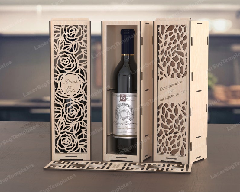 Drewniana butelka wina prezent pudełko pakiet laserowo wycinane plik SVG Glowforge butelka pudełko upominkowe uchwyt SVG Cricut Pudełko wzór DXF szablon wektor cnc zdjęcie 6