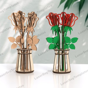 Wycinany laserowo wazon z kwiatami róży, dekoracja stołu, szablon SVG Glowforge, drewniany 3D wazon z kwiatami róży, plan wektorowy DXF, bukiet kwiatów róży, plik SVG