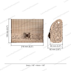 May include: A laser cut wooden box with a butterfly design. The box is 8.2 inches wide, 6.2 inches tall, and 3.2 inches deep. The box is made of wood and has a natural finish.
