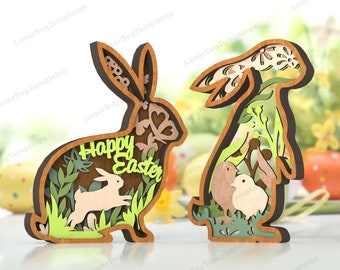 Multicapa Pascua conejito huevo mesa decoración corte láser plantilla svg Glowforge 3D multicapa madera Conejito Pascua mesa decoración dxf corte plan