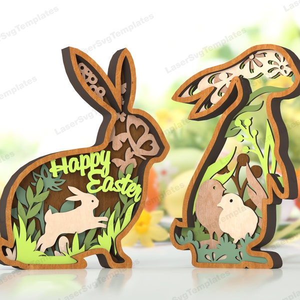 Multilayer Easter bunny egg table decor laser cut svg template Glowforge 3D multi layer wooden Bunny Easter table decoration dxf cut plan