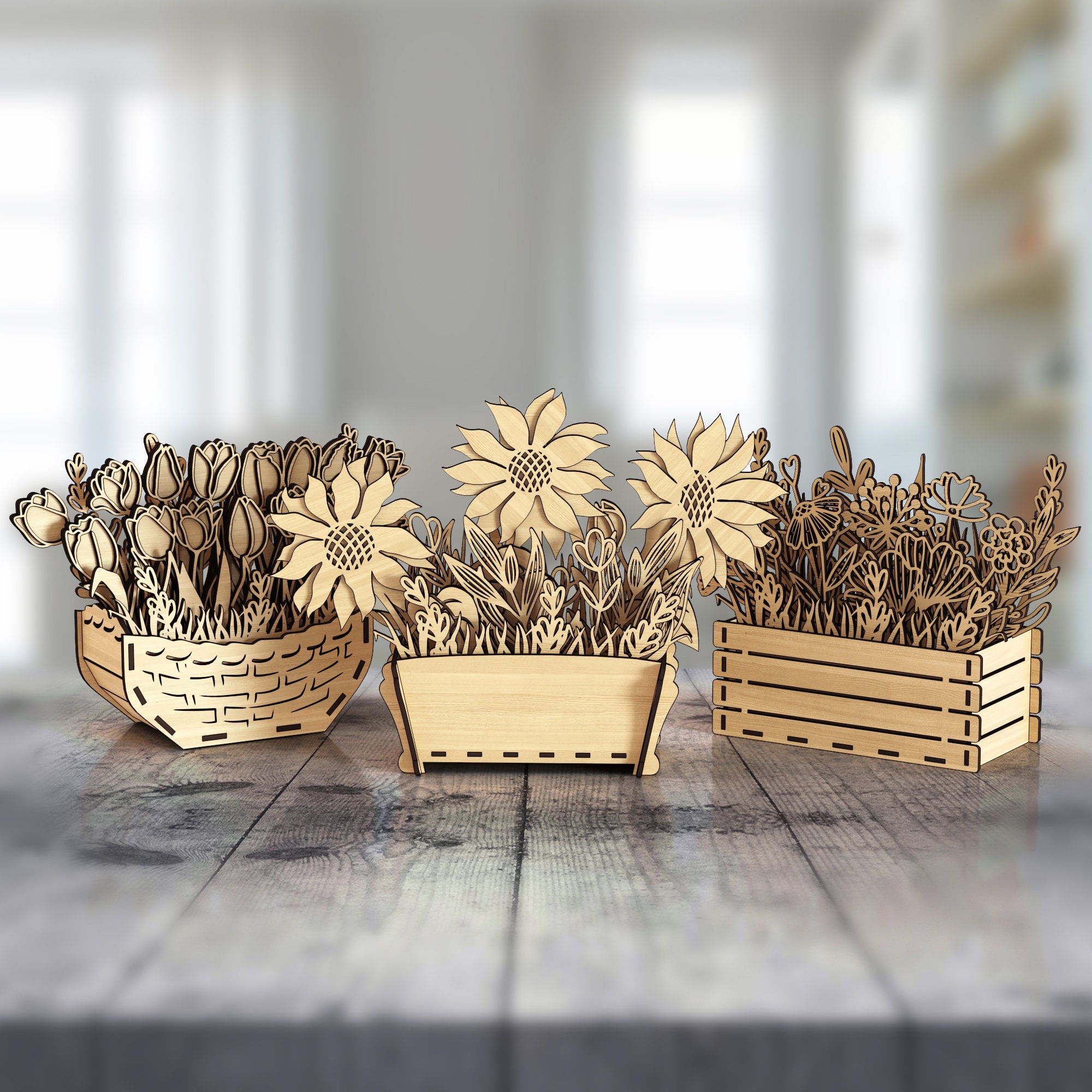 Wooden 3D Flowers Pot Table Decor 3 Bundle Laser Cut Svg Wooden 3D Flowers Pot Table Decor 3 Bundle Laser Cut Svg