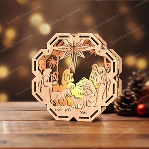 Ornamenti della Natività tagliati al laser, portacandele in formato SVG, lampada da tavolo della Natività Glowforge in formato SVG, lampada da notte di Natale in formato DXF, modello vettoriale CNC.
