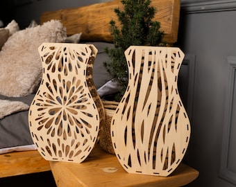 2 Holzvase Laser geschnitten SVG Blumen-Streifen-Muster-Dekor