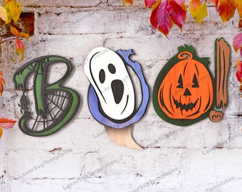 Laser cut Multilayer boo halloween wall decor svg template Glowforge multi layer wooden boo wall art dxf Halloween vector cnc pattern