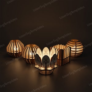 Holzkerzenhalter set svg Laser cut Vorlage Glowforge hölzernes Kerzenhalterbündel svg Vektordatei Tischlampe DXF Plan Laser Cnc Muster