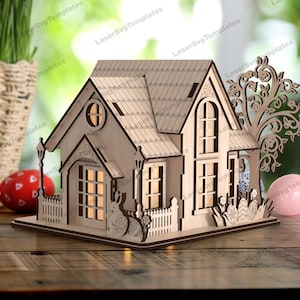 Portacandele per casa di coniglio pasquale tagliato al laser file svg Glowforge miniature di coniglio pasquale svg decorazione da tavolo pasquale dxf modello vettoriale cnc