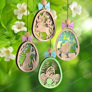 Adornos de huevo de conejo de Pascua cortados con láser, archivo svg Adornos de Pascua multicapa Glowforge svg Adornos de Pascua vector dxf Archivo láser de huevo de Pascua