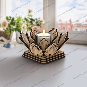 装飾的な木製キャンドルホルダー レーザーカット svg ファイル Glowforge 木製キャンドルスティック svg ベクトル DXF テーブルランプ ベクトル プラン レーザー CNC パターン