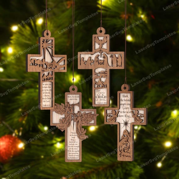 4 Nativity Cross Ornament SVG Laser Cut Christmas Scripture Tree Decor