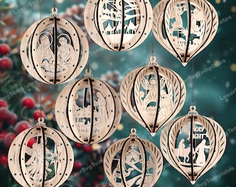 3D Nativity tree ball 8 ornaments laser cut svg file Glowforge Nativity bauble ornaments tree svg Nativity ornaments dxf Christmas laser