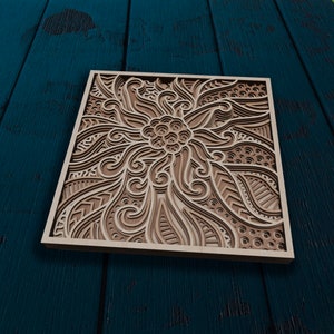 Lasergesneden meerlaagse mandala 3D bloem svg sjabloon Glowforge 3D meerlaagse houten muur kunst vierkante bloem dxf gesneden plan Digitale download