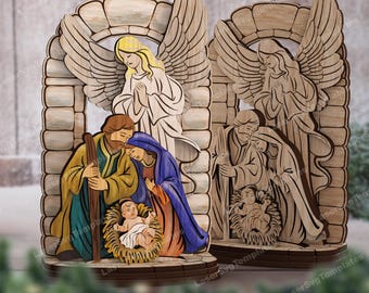 May include: Two wooden nativity scene figurines. One is painted with vibrant colors, depicting Mary, Joseph, and baby Jesus. The other is unpainted. Both have an angel and are set against a stone arch background.