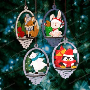 3D animaux de Noël boule ornements découpés au laser fichier svg Glowforge Noël animaux peinture boule ornement svg Noël ornements dxf vecteur