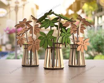 Madera Shefflera flores jarrón decoración de mesa corte láser archivo svg Glowforge 3D shefflera flores maceta dxf corte plan Flores ramo plantilla de jarrón