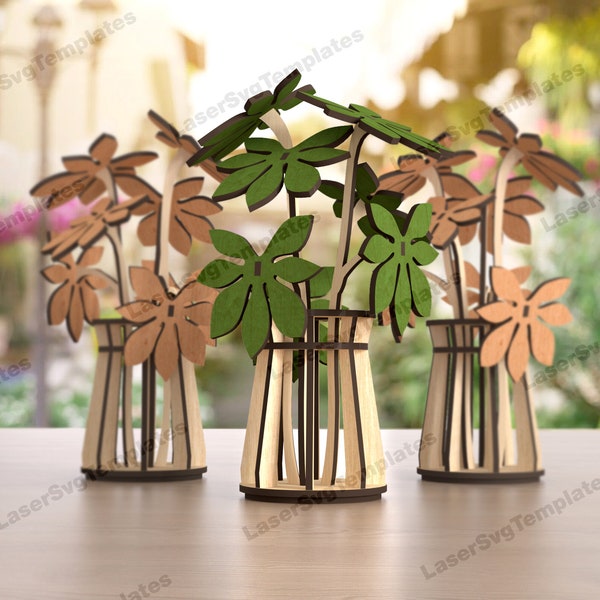 Vase de fleurs en bois Shefflera décoration de table découpé au laser fichier svg Glowforge 3D shefflera fleurs pot dxf coupe plan modèle de vase bouquet de fleurs