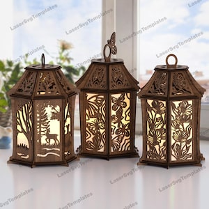 Veilleuse lampe 3 fichier svg découpé au laser Glowforge cerf lampe de table svg fleurs bougeoir laser papillon lampe de table vecteur dxf