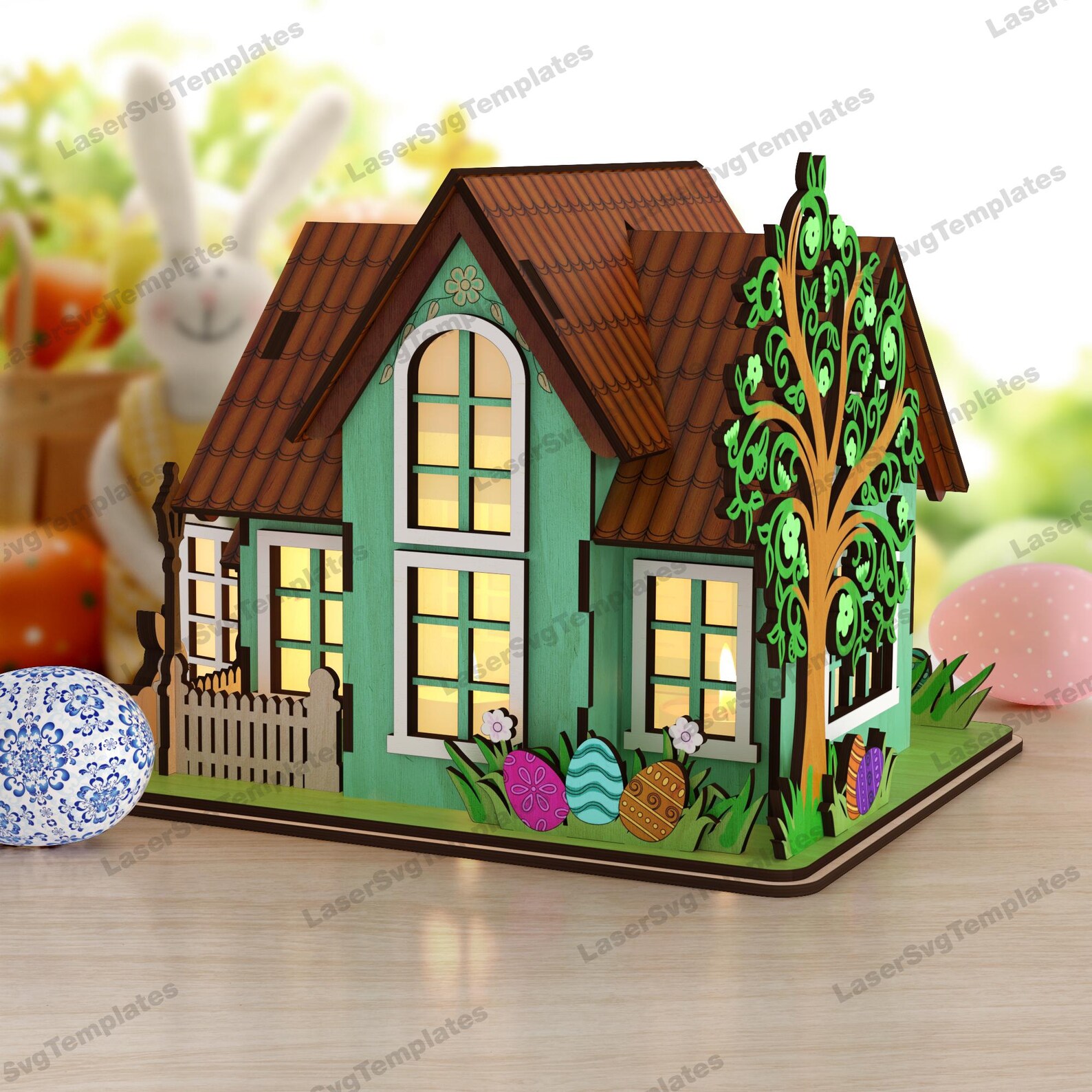 Laser Cut Easter Bunny House Candle Holder Svg File Glowforge Easter ...