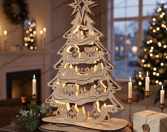 クリスマスビレッジツリーSVGレーザーカット3D自立型冬景色装飾