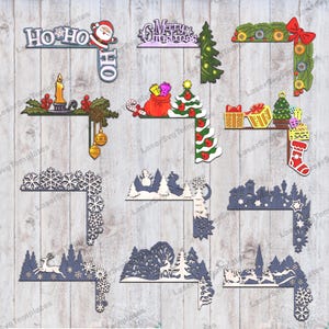 Könnte beinhalten: Ein Satz von neun Eckdesigns für Bastelprojekte. Die Designs zeigen eine Vielzahl von Weihnachtsthemen, darunter Schneeflocken, Rentiere, Weihnachtsbäume und Geschenke. Die Designs sind aus Holz geschnitten und bereit zum Bemalen oder Beizen.