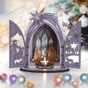 Miniature della scena della natività portacandele file svg tagliato al laser Glowforge Miniature della natività svg Lampada da tavolo della natività dxf modello vettoriale cnc