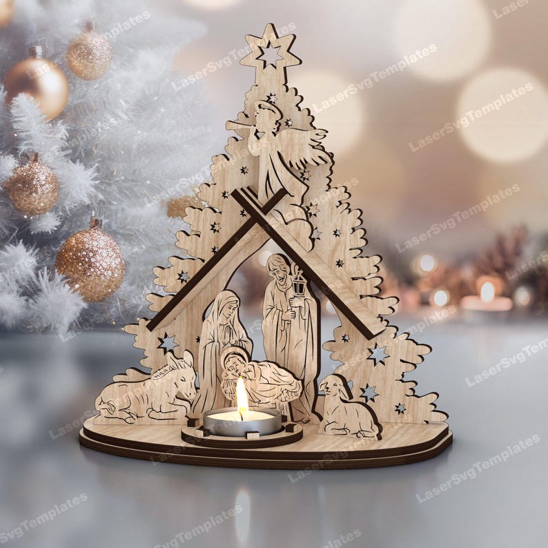 May include: A wooden Christmas nativity scene with a tree-shaped frame. The scene includes figures of Mary, Joseph, and baby Jesus, with a donkey and sheep. A lit candle sits in the center, and a star tops the tree.