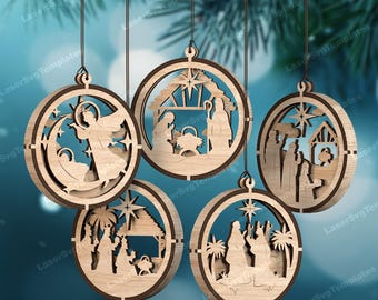 5 Flexible Nativity Ornaments SVG Laser Cut Multilayer Religious Round Tree Bauble