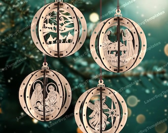 3D Nativity tree ball ornaments laser cut svg file Glowforge Nativity bauble ornaments tree decor svg Nativity laser cut ornaments dxf cnc