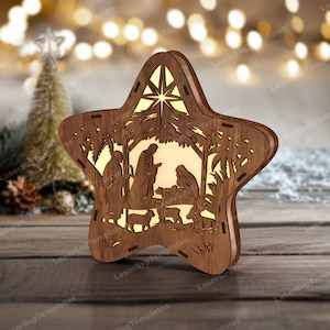 Lampada da tavolo a forma di stella della natività file svg tagliato al laser Glowforge Lampada da tavolo da notte della natività bundle svg Lanterna della natività dxf modello vettoriale cnc