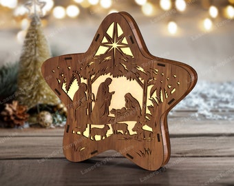 Nativity star table lamp laser cut svg file Glowforge Nativity night table lamp bundle svg Nativity lantern dxf cnc vector template
