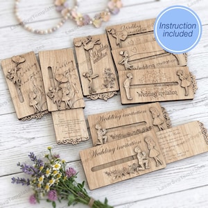 May include: Laser-cut wooden wedding invitations with intricate designs. Each invitation features a unique scene of a couple, floral accents, and the words "Wedding invitation." Some include pull-out inserts with text. Instruction included.