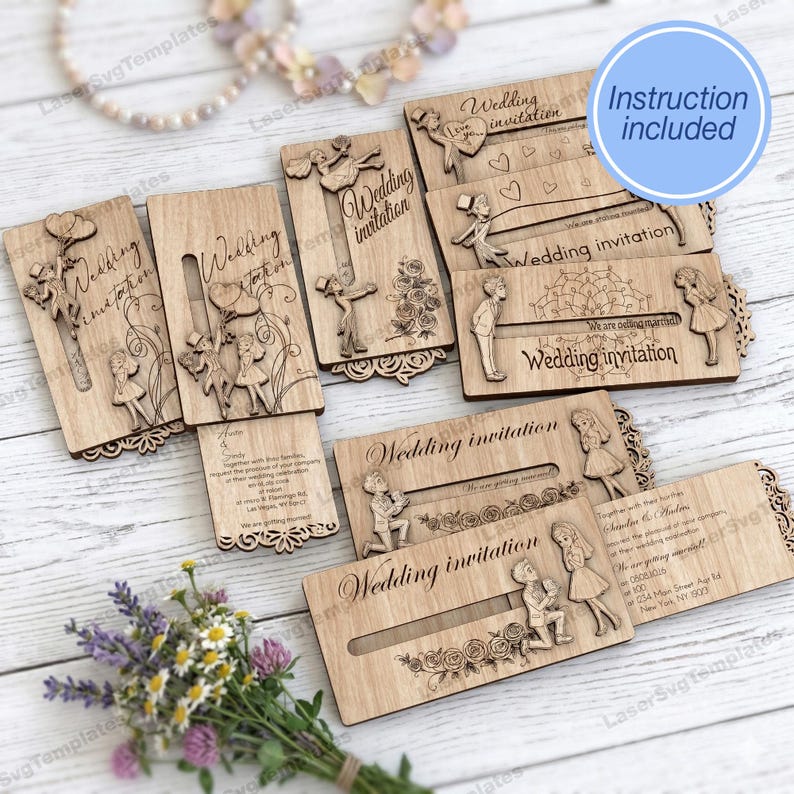 May include: Laser-cut wooden wedding invitations with intricate designs. Each invitation features a unique scene of a couple, floral accents, and the words "Wedding invitation." Some include pull-out inserts with text. Instruction included.