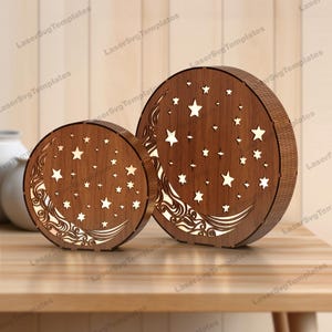Mond Nachtlicht Lampe Laser geschnitten svg Datei Glowforge holz baum runde Tischlampe svg Holzlaterne dxf Vektor cnc Nachtlampe Laserschnitt