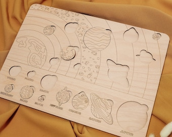 May include: A wooden solar system puzzle with cutouts for each planet. The planets are labeled with their names: Venus, Pluto, Earth, Mercury, Mars, Moon, Neptune, Uranus, Saturn, and Jupiter.