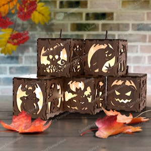 Bundle de bougeoirs citrouille d'Halloween découpé au laser fichier svg Glowforge Lanterne d'Halloween cnc modèle vectoriel Lampe d'Halloween modèle laser dxf